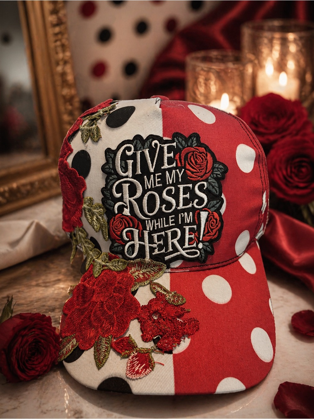 Embroidered Polka Dot 'Give Me My Roses' Baseball Cap - Red & White